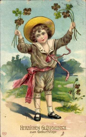 Postcard Congratulations Birthday, Child, Lucky Clover