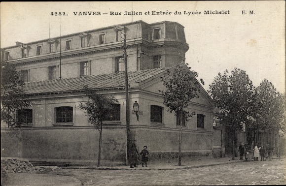 Postcard Vanves Hauts de Seine, Rue Julien and Lycee Michelet Entrance