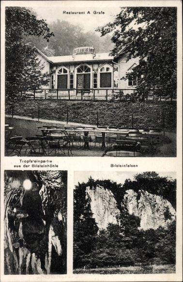 Postcard Warstein in the district of Soest North Rhine-Westphalia, Restaurant Grafe, Bilsteinfelsen, stalactite party
