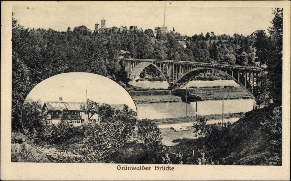 Postcard Grünwald in the district of Munich, Grünwalder Bridge, Grünwalder Weinbauer, owner B. Adlmüller