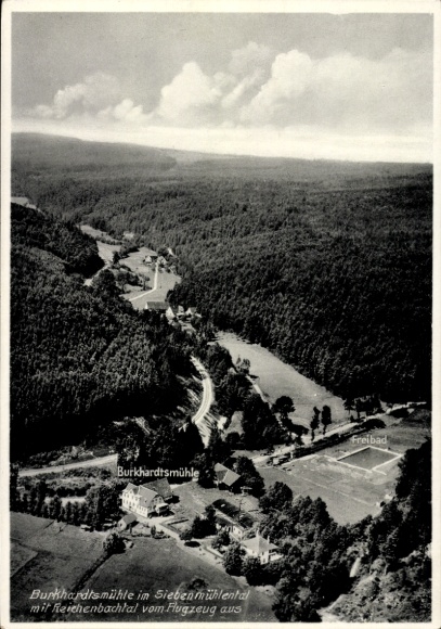 Postcard Waldenbuch in Württemberg, aerial photograph, Burkhardtsmühle, outdoor pool, Siebenmühlental