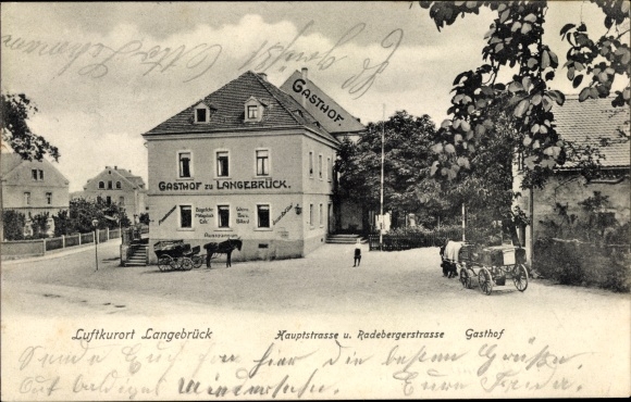Ansichtkaart Dresden Langebrück, Hauptstrasse, Radebergerstrasse, herberg, koets