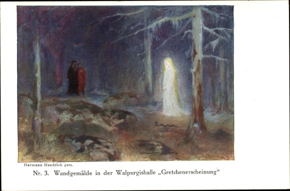 Kunstenaarskaart Hendrich, Hermann, Thale in het Harzgebergte, Hexentanzplatz, Walpurgishalle, Gretchen-verschijning