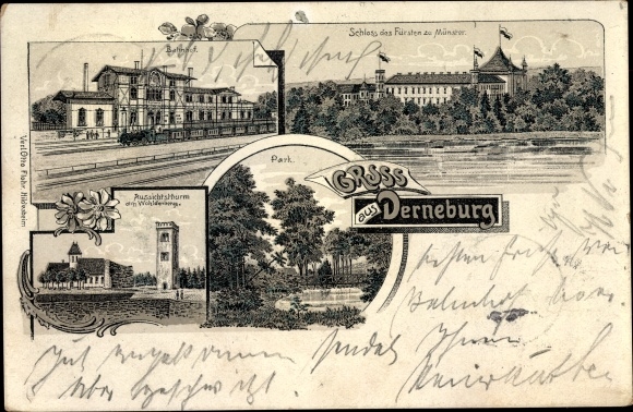 Chromo-Litho Derneburg Holle, castle, train station, park, observation tower