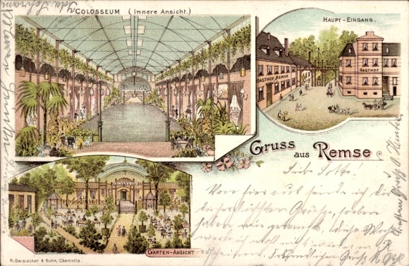 Chromo-Litho Remse an der Mulde, Colosseum, main entrance, garden