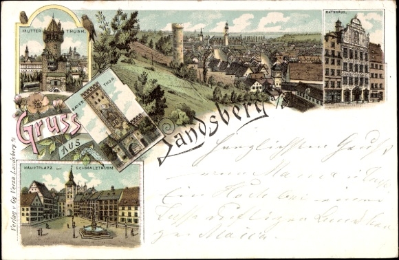 Postcard Landsberg am Lech, Mutterturm, Bayertor, main square with Schmalzturm, town hall, panorama