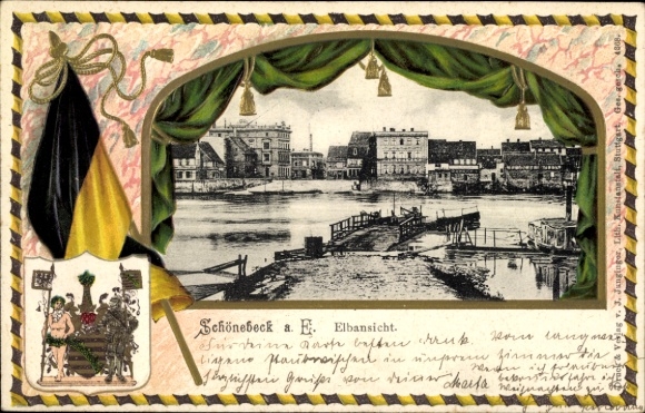 Embossed coat of arms passepartout Postcard Schönebeck on the Elbe, partial view, ferry