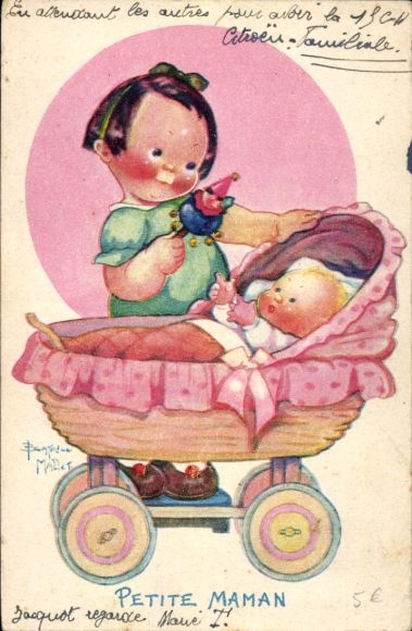 Artist Postcard Mallet, Beatrice, Petite Maman, girl with rattle, baby, stroller