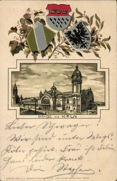 Präge Wappen Litho Köln am Rhein, Bahnhof, drei Wappen