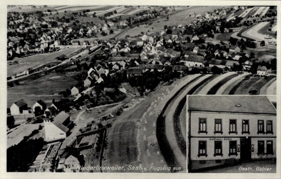 Postcard Niederlinxweiler St. Wendel in Saarland, aerial photograph, Gasth. Gabler