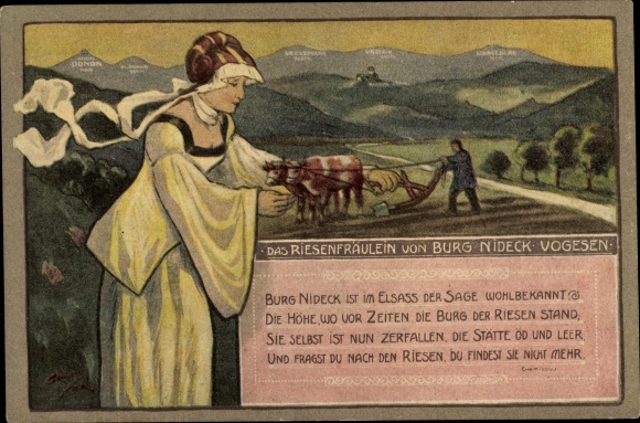 Ansichtkaart Oberhaslach Elsass Bas Rhin, De gigantische dame van kasteel Nideck, boer, ploeg