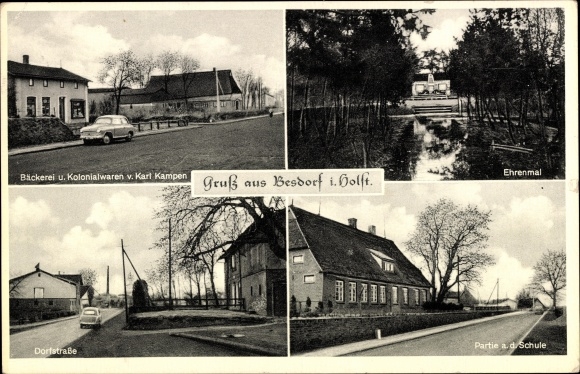 Postcard Besdorf b. Itzehoe Holstein, Karl Kampen bakery, school, memorial