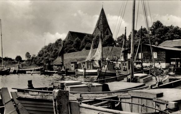 Postcard Kirchdorf Insel Poel Mecklenburg, church, harbor, boats