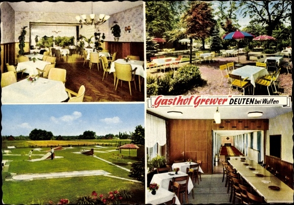 Postcard Deuten Dorsten in Westphalia, Gasthof Grewer, bowling alley, mini golf