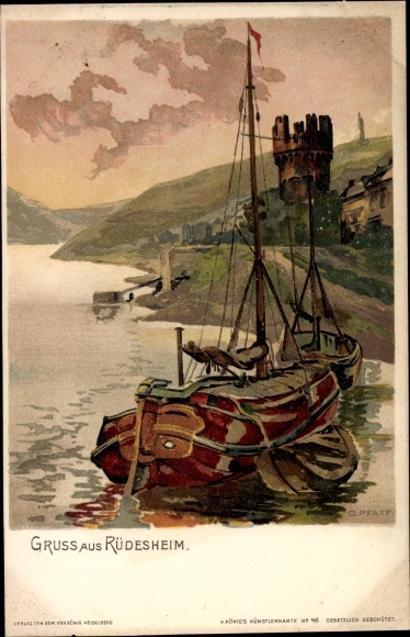 Artist Chromo-Litho Pfaff, C., Rüdesheim am Rhein in Hesse, sailing boats, tower