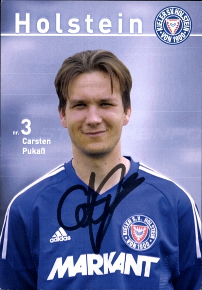 Karta autografu piłkarza Carstena Pukaßa, Holstein Kiel, autograf