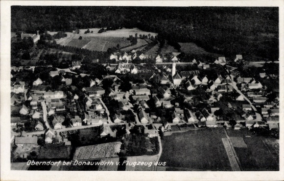 Postcard Oberndorf (near Donauwörth) am Lech, aerial view of Oberndorf, rural surroundings, buildings, b