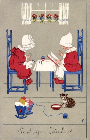 Artist Postcard Döring, Lia, children embroider and read in the living room, doll, cat