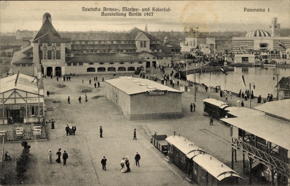 Postcard Berlin Schöneberg Friedenau, German Army Navy and Colonial Exhibition 1907, Panorama