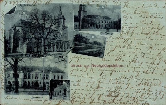 Moonlight Postcard Neuhaldensleben Haldensleben Börde, train station, town hall, St. Mary's Church