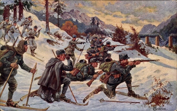 Artist Postcard Trache, R., Imperial-Royal Army, Skijäger Troops, Dukla Pass, Carpathians, I WW