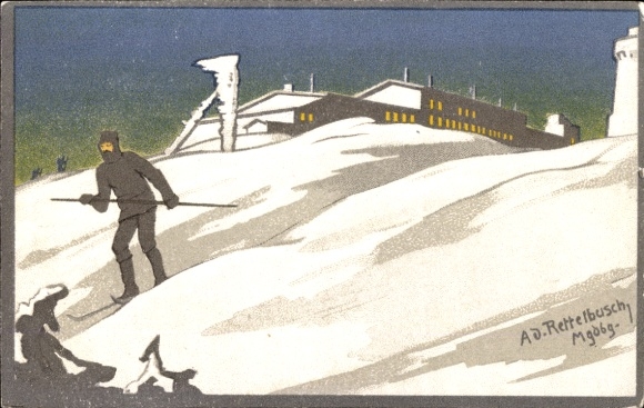 Artist Postcard Rettelbusch, Adolf, Brocken, Brockenhotel, skiers