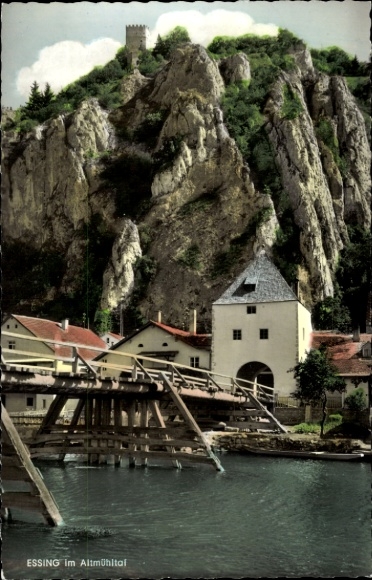 Postcard Essing in the Altmühltal, gate bridge and ruins of Randeck