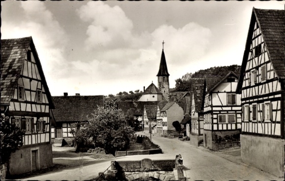 Postcard Michelbach Gaggenau in the Murgtal, village view with half-timbered houses, church, street, trees