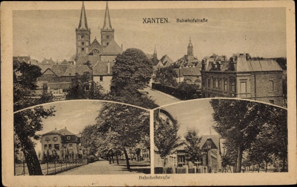 Ak Xanten am Niederrhein,  Bahnhofstraße, zwei Kirchtürme, Stadtansicht, Bäume