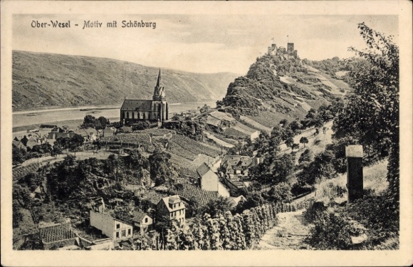 Postcard Oberwesel am Rhein, general view, Schönburg
