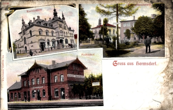 Postcard Hermsdorf in Thuringia, Ratskeller, train station track side, porcelain factory