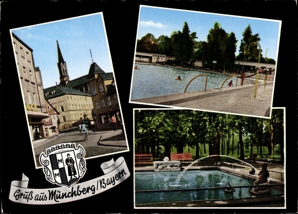 Ak Münchberg in Opper-Franken Beieren, wapenschild, zwembad, fontein