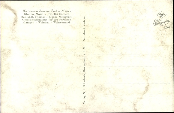 Postcard Klotten on the Moselle, Weinhaus Pension, Fuchs Mättes