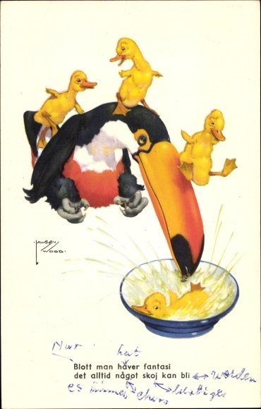 Artist Postcard Wood, Lawson, Toucan with Ducklings, Drinking Bowl