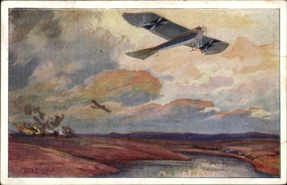 Artist Postcard Schulze, Hans Rudolf, Military pigeon on reconnaissance flight near the Masurian Lakes, I. WK