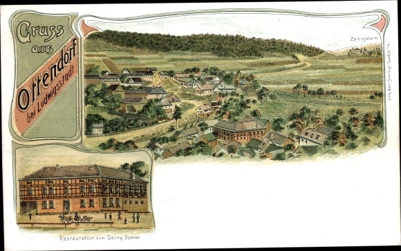 Chromo-Litho Ottendorf Ludwigsstadt in Upper Franconia, restoration, view of the town