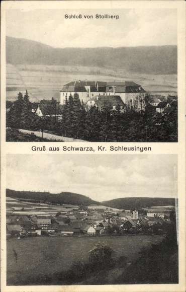 Postcard Schwarza in the Thuringian Forest, Stollberg Castle, Panorama
