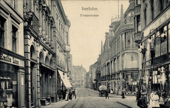 Ak Iserlohn im Märkischen Kreis,  Unnaerstraße, Emilie Linz,  Architektur, Pferdewagen