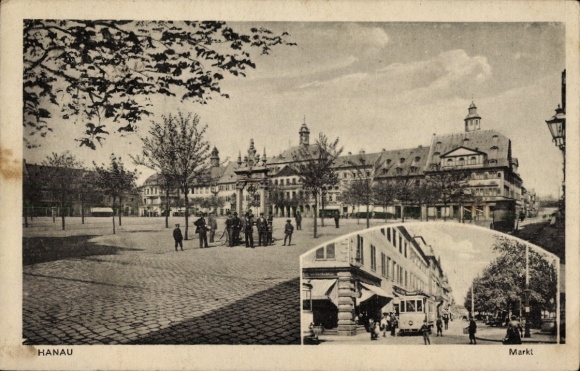 Ak Hanau am Main, Historische Marktansicht, Gebäude, Straßenbahn, Bäume