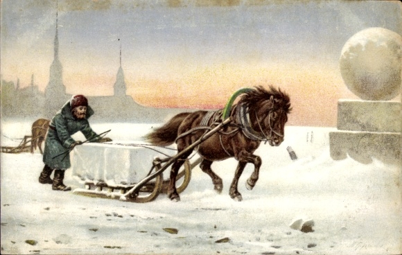 Postcard Types russes, Charge de glace, sleigh, horse, Russian costume