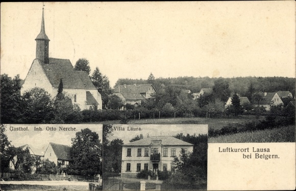 Postcard Lausa Belgern Schildau in northern Saxony, Villa Laura, Gasthof Otto Nerche, view of the town