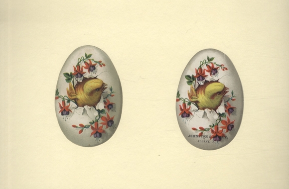 2 wafers advertising "Johnston & Reilly", Easter eggs, chicks, flowers, size approx. 10 x 7 cm each