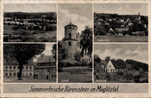 Ak Bärenstein Altenberg im Erzgebirge, Schloss, Gasthof, Bahnhof, Panorama