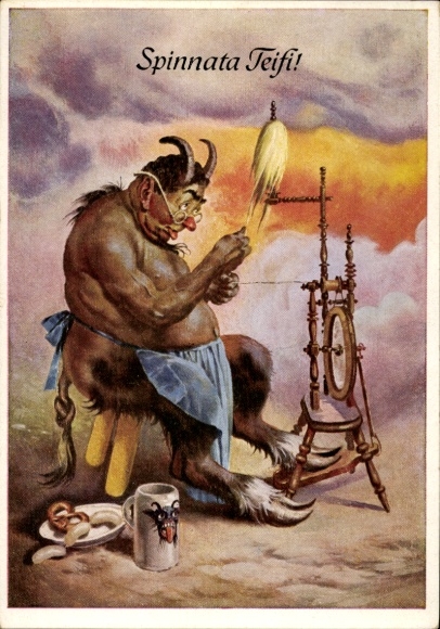 Postcard Devil at the spinning wheel, Oktoberfest, pretzels, white sausage