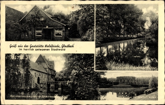 Postcard Gladbeck in the Ruhr area, Waldfriede restaurant, local history museum in the city forest, memorial, gondola pond