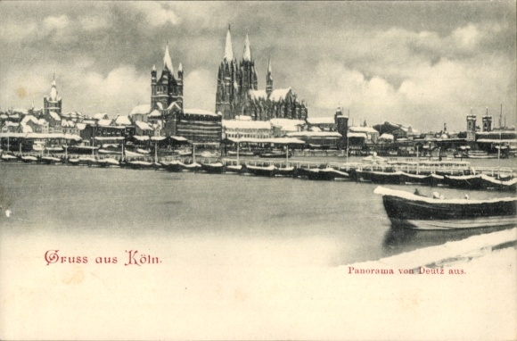 Ak Deutz Köln am Rhein, Panorama von  Blick von Deutz, Schnee, Hafen, keine Personen