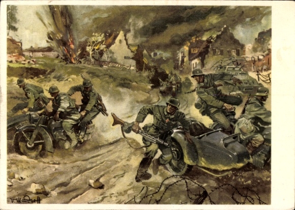 Künstler Ak Mundorff, V., Deutsche Wehrmacht, Kradschützen, Motorräder, Kampfgebiet, II. WK