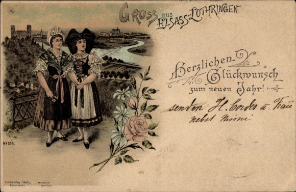 Litho Glückwunsch Neujahr, Elsässerin und Lothringerin in Tracht
