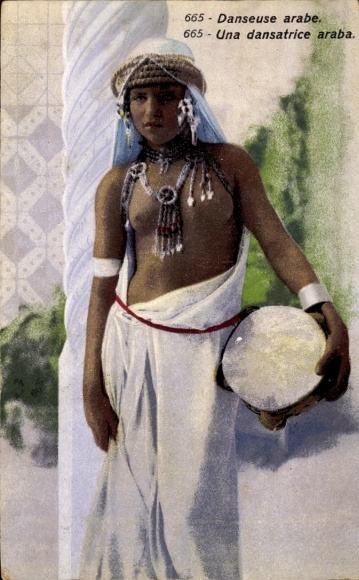 Postcard Morocco, Moroccan, belly dancer, tambourine, bare-breasted