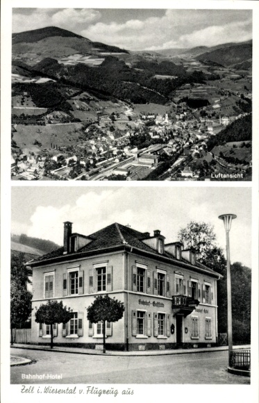 Postcard Zell im Wiesental, aerial photograph, station hotel
